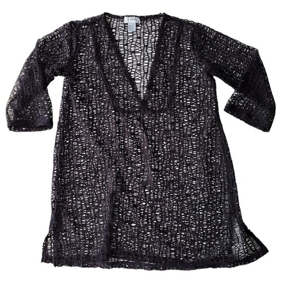 J Valdi Beachy Coverup 3/4 Sleeve Black Mesh V Neck Swim Pool Tunic Size XS - Picture 3 of 12